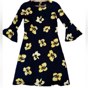 Tommy Hilfiger Floral Dress 12 Yellow Navy 3/4 Ruffle Bell Sleeve Classic Preppy